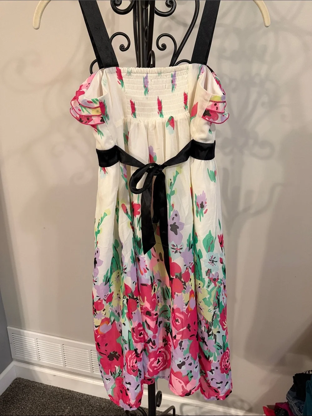Justice White Floral Sundress with Pink & Green Accents